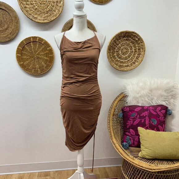 Revolve Majorelle Neutral Brown Strappy Stretch Cinched Janice Mini Dress Large - Picture 3 of 7